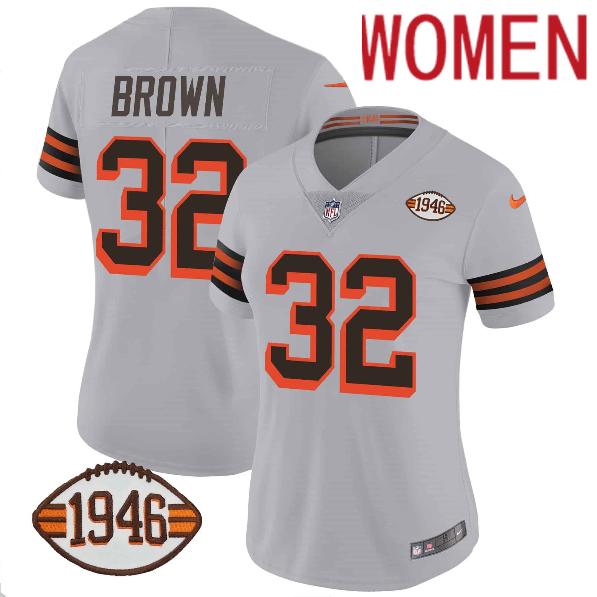 Women Cleveland Browns #32 Brown Grey 1946 75th Anniversary Patch 2024 Nike NFL Jersey